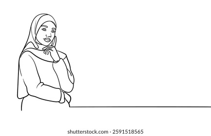 Young muslim woman in burqa, continuous line art drawing. Vector illustration isolated on white background 