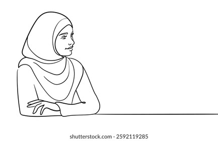 Young muslim woman in burqa, continuous line art drawin. Oriental girl in traditional clothes. Vector illustration isolated on white background 