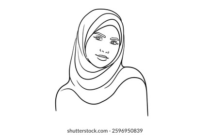 Young muslim woman in burqa, continuous line art drawing. Emirati Women's Day. Woman in a hijab. Vector illustration isolated on white background