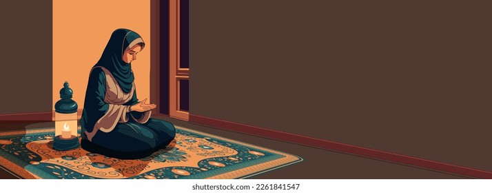 Young Muslim Woman Character Offering Namaz (Prayer) On Carpet And Illuminated Arabic Lamp At Home With Copy Space. Islamic Religious Concept.