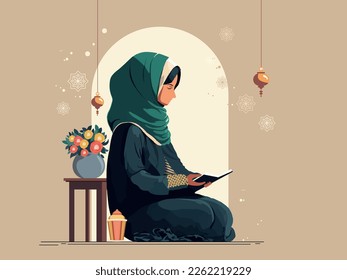 Young Muslim Woman Character Reading Holy Book With Flower Pot On Stool And Lamps On Brown Background. Islamic Religious Concept.