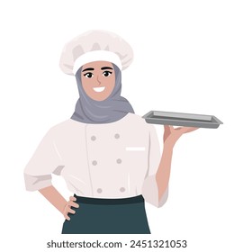 Young muslim woman with chef uniform holding an empty tray. Flat Vector Illustration Isolated on White Background
