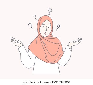 young muslim woman confused hand drawn style, cute teen with scarf spreads hand with question mark isolated, can use for, landing page, template, poster, banner