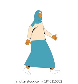 Young muslim woman. Female teenager character wearing in hijab and casual clothes walking isolated on a white background. Vector color line illustration. 