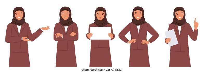 A young Muslim woman in a hijab in a business suit with a tablet in different poses teaches, brings information, thinks. Vector flat graphics.