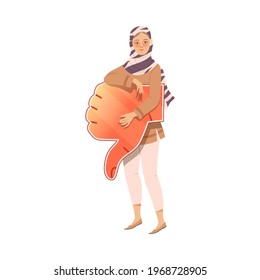 Young Muslim Woman in Hijab Holding Thumb Down Sign as Notification of Disapproval Vector Illustration