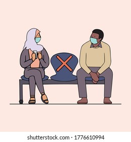 Young muslim woman with hijab and man with face masks sitting on bench and maintaining social distancing to prevent and protect covid-19 coronavirus. Vector illustration
