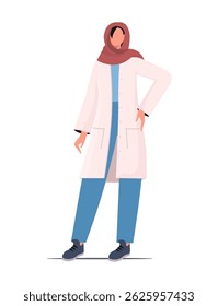 Young Muslim woman in hijab, medical uniform and stethoscope on white background. Medical professional. Vector illustration Not AI generated