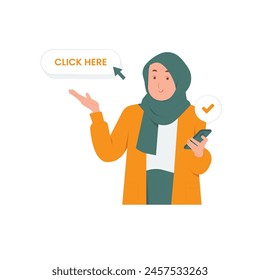 Young muslim woman holding mobile phone and pointing index finger to the side at blank empty copy space concept illustration