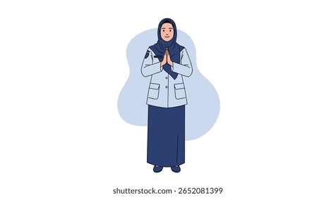 Young muslim woman performing greeting gesture welcoming visitors with respectful attitude