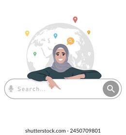 Young muslim woman points finger to address bar, search engine where to enter query in browser on Internet. Flat vector illustration isolated on white background