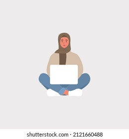 Young muslim woman sitting with laptop. Isolated. Vector
