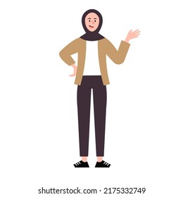 Young muslim woman smiling and waving her hand, character illustration.