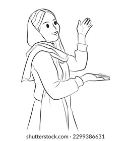 young muslim woman smiling while pointing space beside her