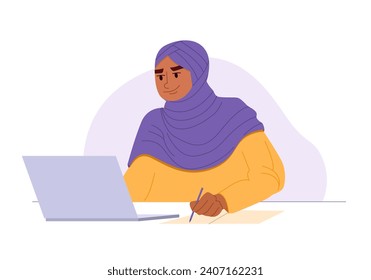 Young Muslim Woman Studying Online. Girl Using Laptop Sitting at Desk, Writing in Notebook. Smiling Arab Lady In Hijab Enjoying Distance Learning. Vector Flat Illustration.