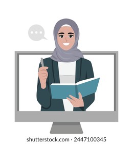 Young muslim woman teacher on computer screen. Internet course teaching online. Flat vector illustration isolated on white background