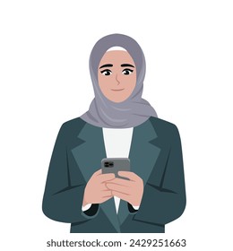 Young Muslim Woman typing on her smartphone. Flat vector illustration isolated on white background