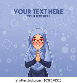 Young muslim woman wearing hijab veil smiling greeting with welcoming gesture hands put together, cartoon character design, against blue background, vector illustration.