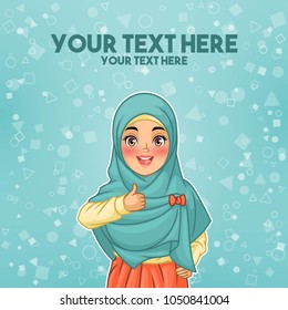 Young muslim woman wearing hijab veil giving a thumbs up gesture of approval and success, cartoon character design, against tosca background, vector illustration.