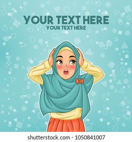 Young muslim woman wearing hijab veil surprised with holding her head, cartoon character design, against tosca background, vector illustration.