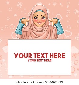 Young muslim woman wearing hijab veil pointing finger down at copy space, cartoon character design, against pink background, vector illustration.