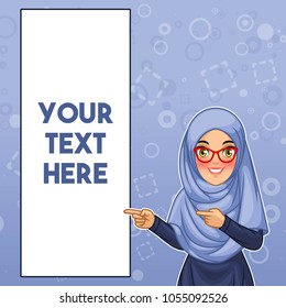 Young muslim woman wearing hijab and glasses pointing finger to the right side at copy space, cartoon character design, against blue background, vector illustration.