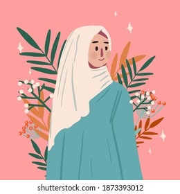 Young muslim woman wearing hijab  greeting cards on floral background, cartoon character vector illustration.