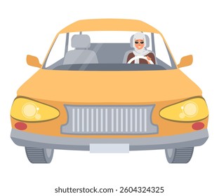 A young Muslim woman wearing stylish sunglasses is seen driving a bright orange car in a lively city environment under daylight. She exudes confidence and modernity.