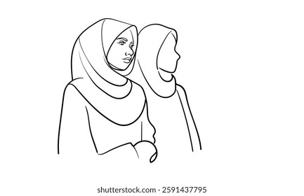 Young muslim womans in burqa, continuous line art drawing. Vector illustration isolated on white background 