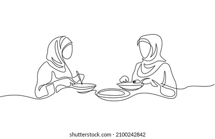 Young Muslim Women Eating In Restaurant. Continuous One Line Drawing. Vector Illustration