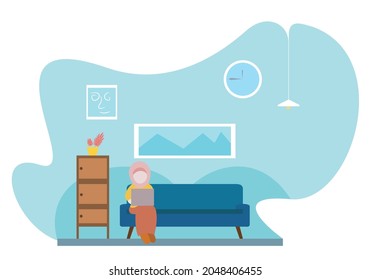 Young muslimah businesswomen Working Flat Vector Character. Remote Work, Distance Job Illustration. Woman Sitting in Armchair at Home, Using Modern Laptop.