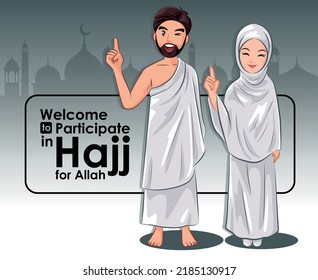 Young Muslims invite the Muslim world. Participate in the Hajj. Vector Cartoon.
