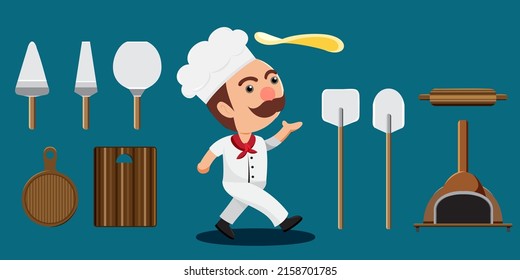 Young mustache chef with kitchen tools for make pizza in cartoon style for graphic designer, vector illustration