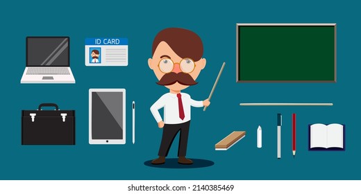 Joven profesor de bigote con equipo para enseñar en clase, pizarra negra, computadora portátil, tablet, maletín, tarjeta de identificación y borrador de tablero en estilo de dibujos animados para diseñador gráfico, ilustración vectorial