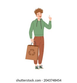 Young Mustached Man with Paper Bag Saving Earth Taking Care of Nature and Environment Vector Illustration