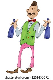 An young mustached sommelier brings blue wine bottles. Cartoon. Caricature.