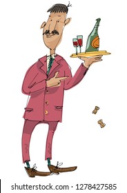 An young mustached sommelier brings tray with a wine bottle and two glases. Cartoon. Caricature.