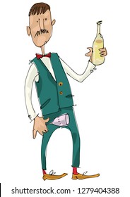 An young mustached sommelier brings a wine bottle and glass. Cartoon. Caricature.