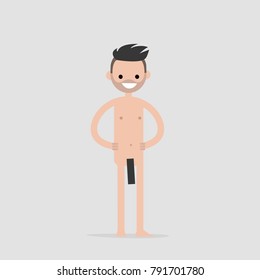 Young naked character covered with black  rectangles. Censorship. Flat editable vector illustration, clip art