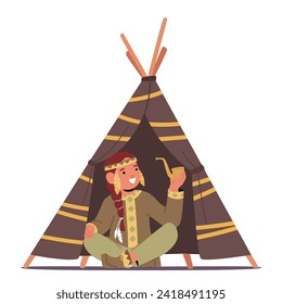 Young Native American Chief Character, Adorned In Vibrant Tribal Patterns, Wears A Feathered Headdress And Moccasins, Sitting Proudly In A Wigwam, with Smoking Pipe. Cartoon People Vector Illustration