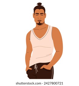 A young Native American man stands with his hands in his pants pockets. A male character in a relaxed pose. A man is posing. Vector illustration in a flat style, isolated on a white background