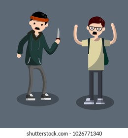 young nerd asian man in trouble. male robbing a guy in town with a knife. the danger of crime. a criminal gang threatens a student. extorting money - cartoon flat illustration
