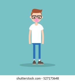 Young nerd blowing bubble gum / editable flat vector illustration, clip art