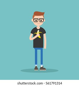 Young nerd boy eating banana / flat editable vector illustration, clip art