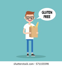 Young nerd boy holding a paper bag with gluten free bread / flat editable vector illustration, clip art