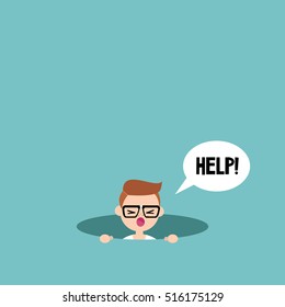 Young nerd calling for help in the pit / editable flat vector illustration, clip art