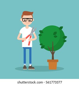 Young nerd cutting the bush with a pruner / flat editable vector illustration