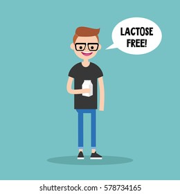 Young nerd holding a carton of lactose free milk / flat editable vector illustration, clip art