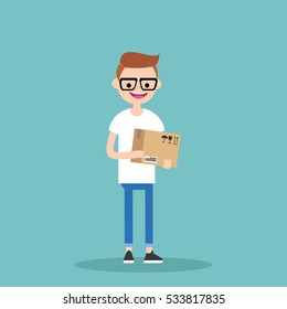 Young nerd holding a parcel / editable vector cartoon clip art