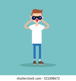 Young nerd looking through a binocular / editable flat vector illustration, clip art